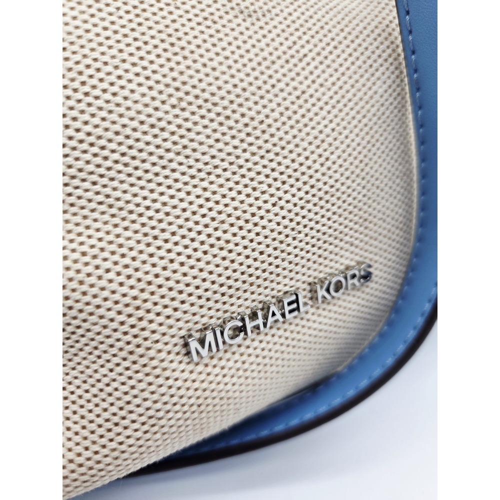 Michael Kors Maeve Ivory Canvas Blue Leather Trim Bucket Shoulder Bag Shoulder S - Picture 6 of 8